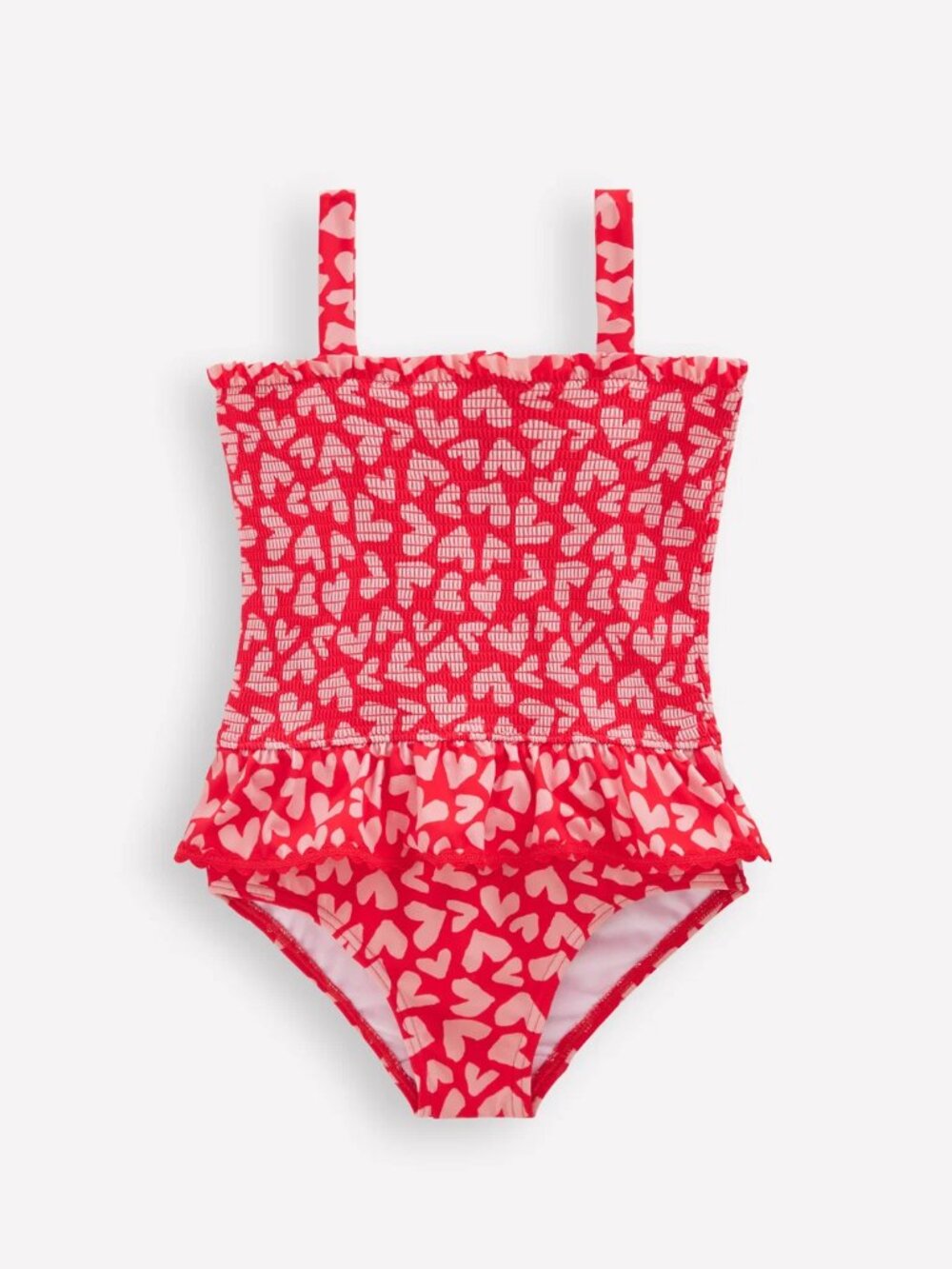 Mini Boden Peplum Smocked Swimsuit Rockabilly Red Collage Hearts Size 4-5Y NWT